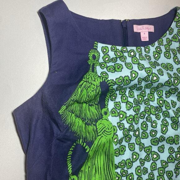 Lilly Pulitzer Sleeveless Shift Dress 4 S Green Navy Tassel Rope Animal Print - Picture 8 of 8